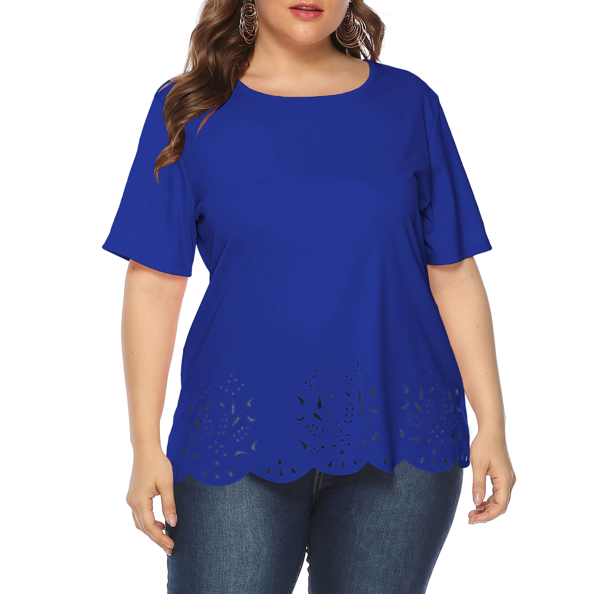 Women's tops large size women's clothing solid color burnt flower hollow wave edge casual short-sleeved T-shirt_voghion.com