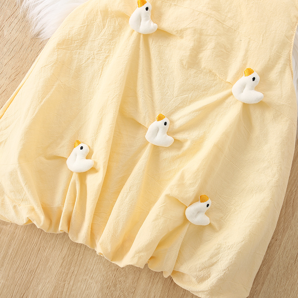 Vestido de verano transpirable para niña, sin mangas, de color liso, con un bonito patito de juguete decorativo._voghion.com