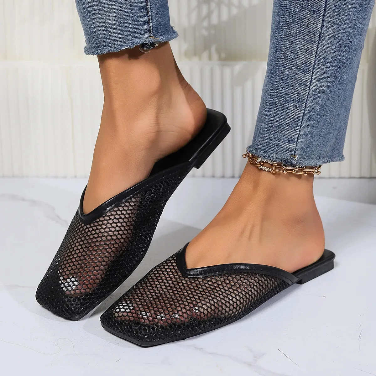 Muls Womn Shos Msh Summr Low Hl Slipprs Outdoor Sandals Koran Sxy Elgant Chic Squar To Slip On 240613_voghion.com