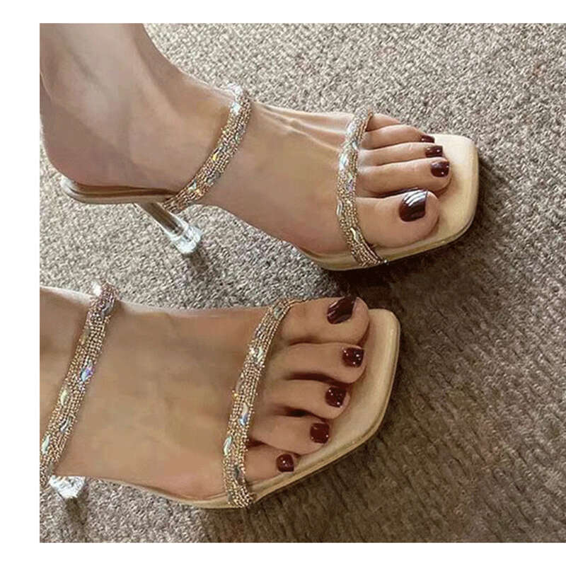 Hochhackige Sandalen,Damen Slim Heels,Schwarz gestreifte Strasssteine,2024 Sommer Neu,Promi High Heels_voghion.com