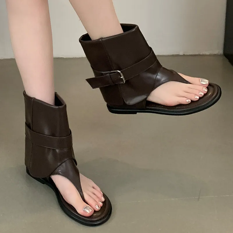Weibliche Slip-On-Schuhe Wohnungen mit Frauen Ankle Flip Ps Mode Runde Kappe Damen Sandalen Stretch Stiefel Schuhe 2024_voghion.com