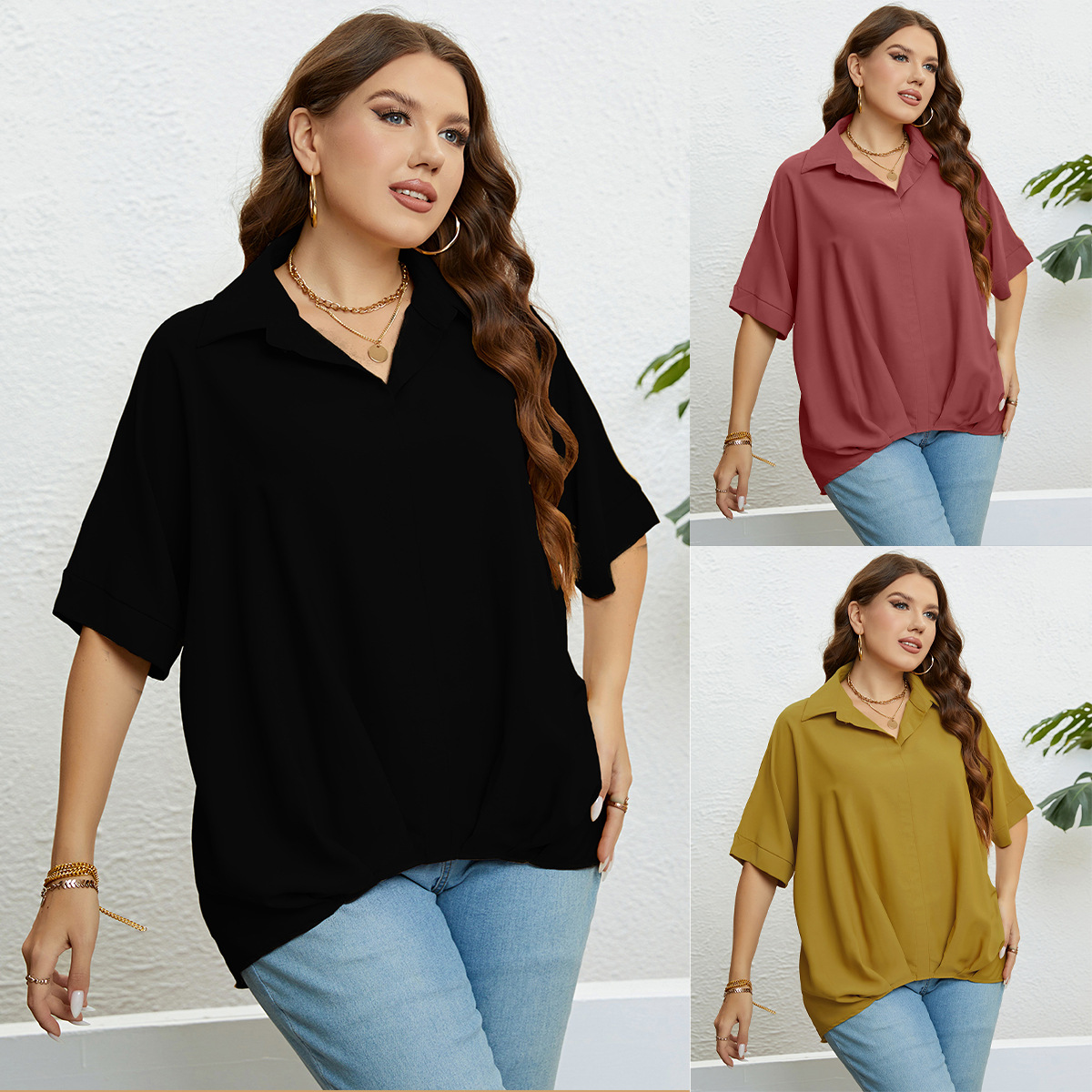 Topuri pentru femei, cu decolteu în V, slim fit și mâneci în cinci puncte, mărimi mari_voghion.com