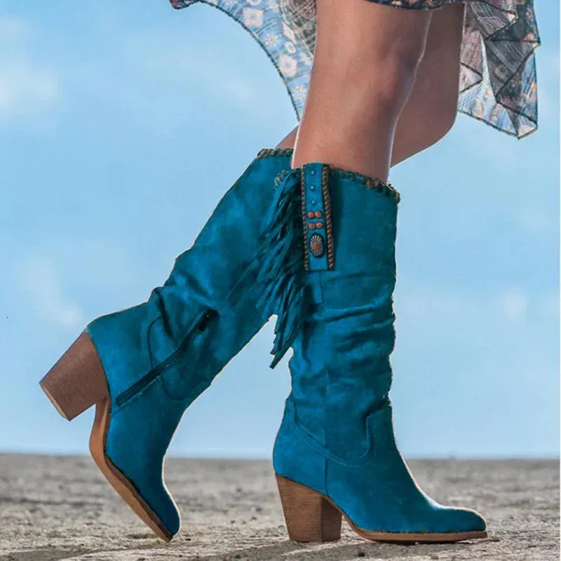 Autumn Winter Retro Sexy Slim Womens Knee Square High Heels Pointed Toe Platform Tassel Western Denim Shoes 241024_voghion.com