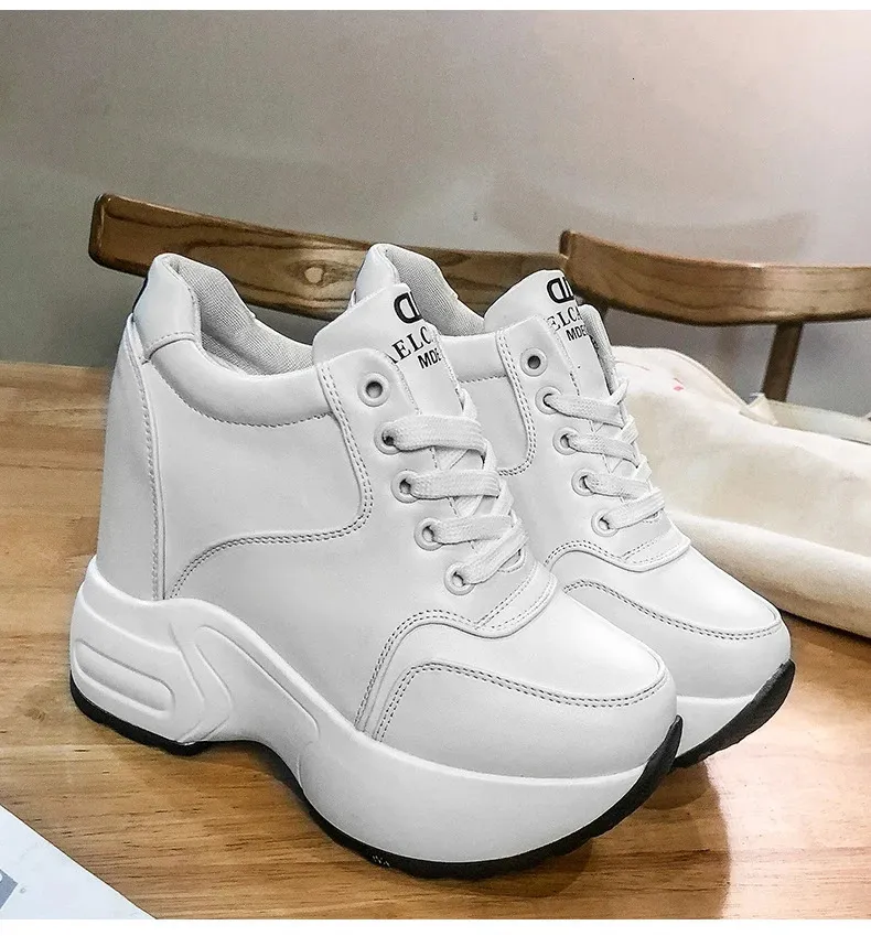 Women's Platform Sneakers Leather Chunky Trainers White Wedges_voghion.com