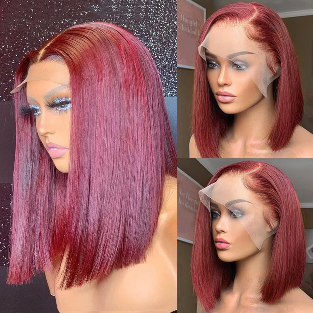 hot selling 200% 13x6 Bury HD Transparent Short Bob Human Hair Wigs Color 99J Red Bone Straight Lace Front Wig For Women Pre Plucked