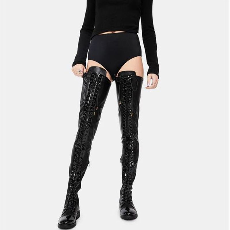 Neue sexy Schnürstiefeletten aus Leder mit seitlichem Reißverschluss und niedrigem Absatz und über dem Knie in Übergröße für Damen_voghion.com