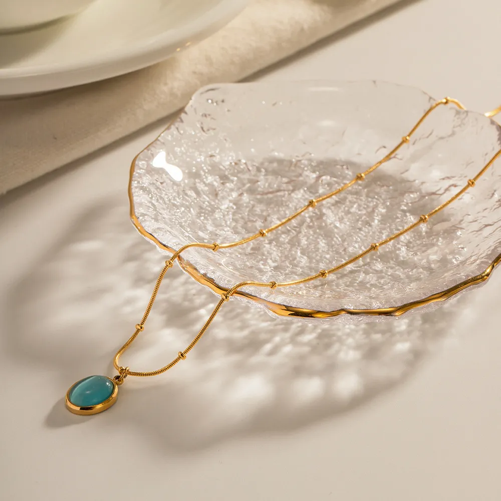 Collane con ciondolo INS Trend Collana ovale in opale blu da donna in acciaio inossidabile, impermeabile, semplicità, cristallo, collare girocollo_voghion.com