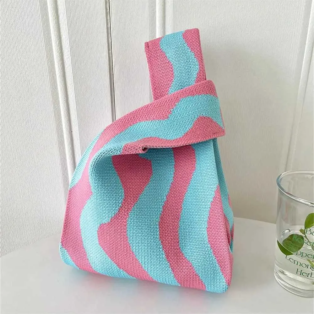 Geantă de mână mică, reutilizabilă, tricotată manual, cu dungi, pentru fete, Y241106_voghion.com