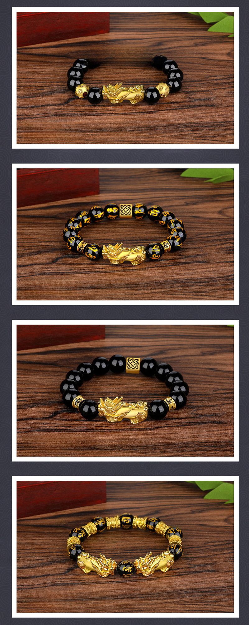 Bracciale unisex con perline di mantra a sei caratteri in ossidiana color oro e moda_voghion.com