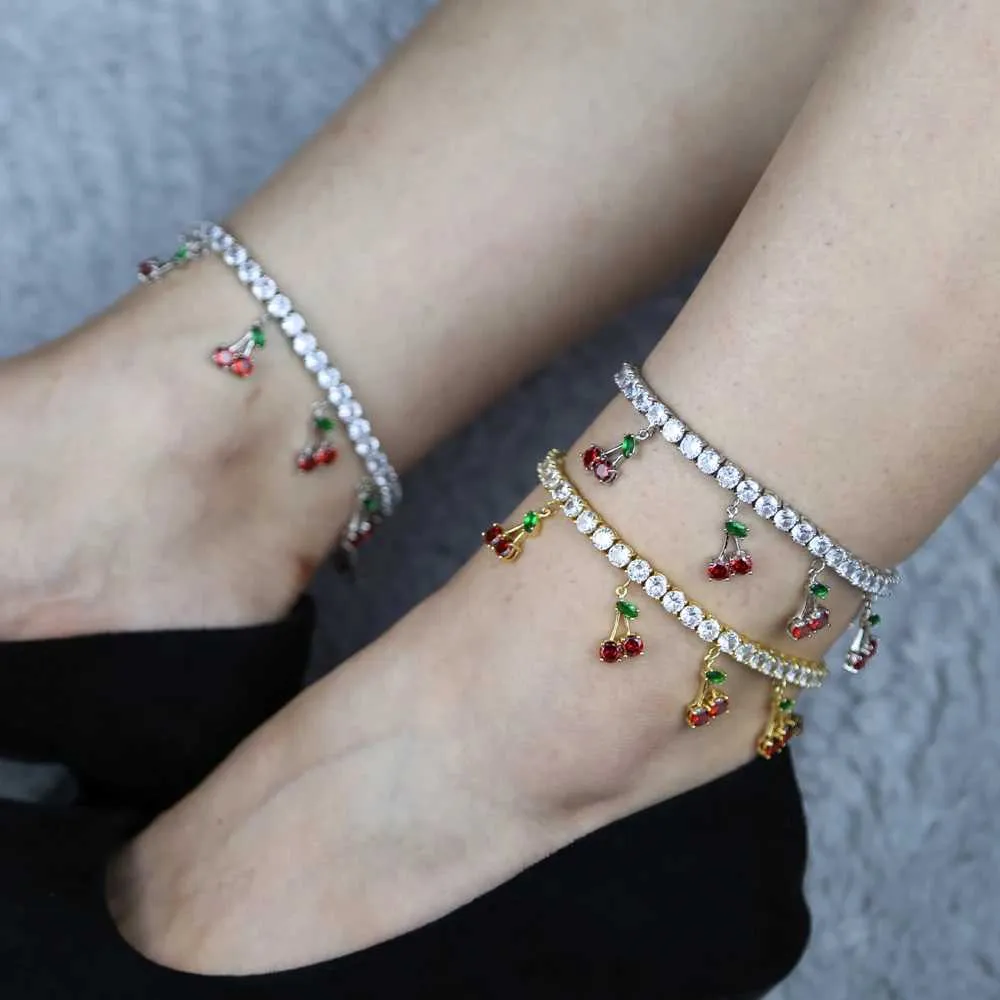 Fußkettchen Sommer Strand Eis funkelnd 5A Zirkonia Tennis süße Frucht Kirsche Halskette geeignet für Mädchen CZ Beinkette_voghion.com