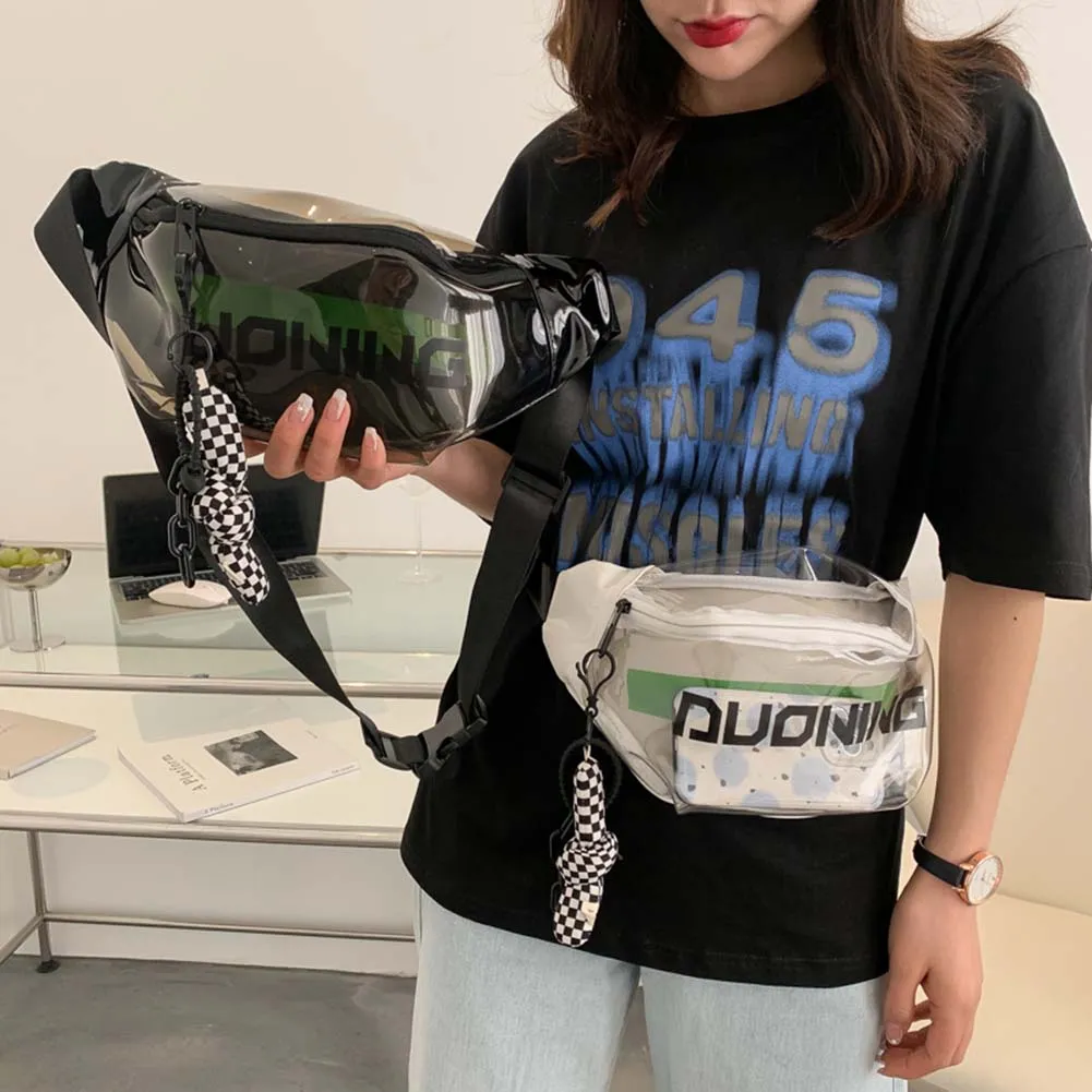 Fashion Fanny Packs Unisex Clear PVC Waist Pouch Multi-functional Letter Printed With Pendant Adjustable Buckle Strap_voghion.com