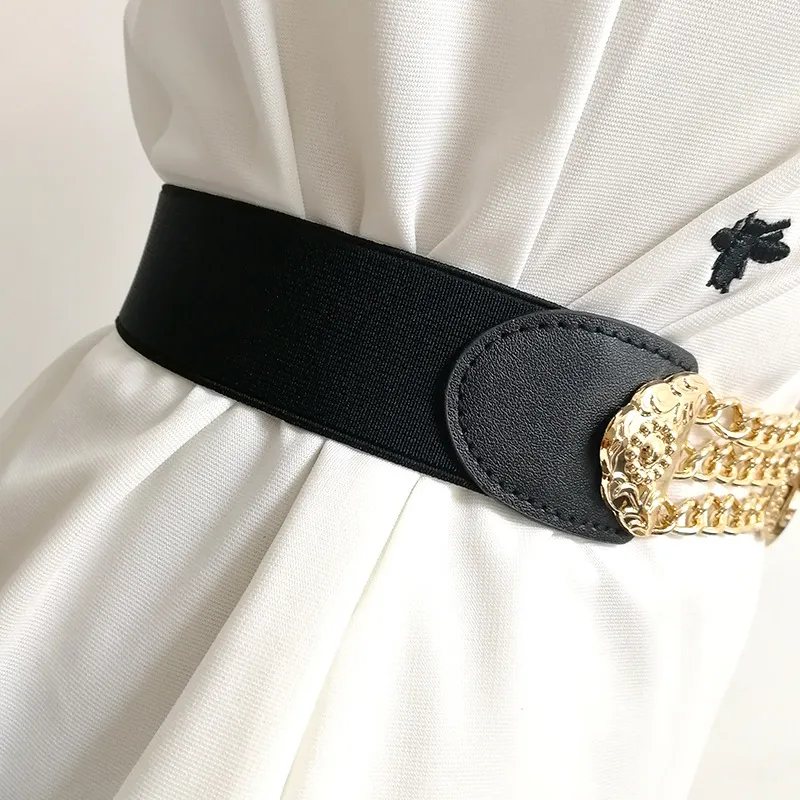 Gürtel Elastischer Bund Blume Metallkette Dehnbarer Trendgürtel Frauen Kleid Accessoires Designer_voghion.com