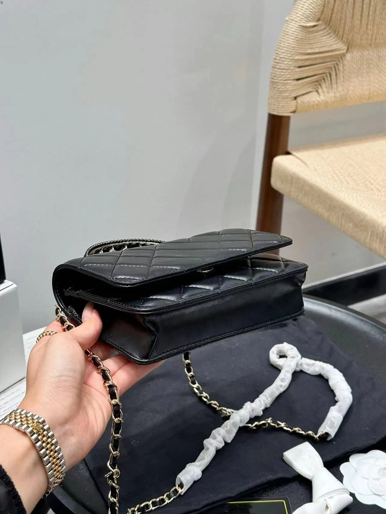 Borsa a tracolla con catena trapuntata Woc da donna, con manico in metallo intrecciato, mini borsa a mano con patta in pelle liscia_voghion.com