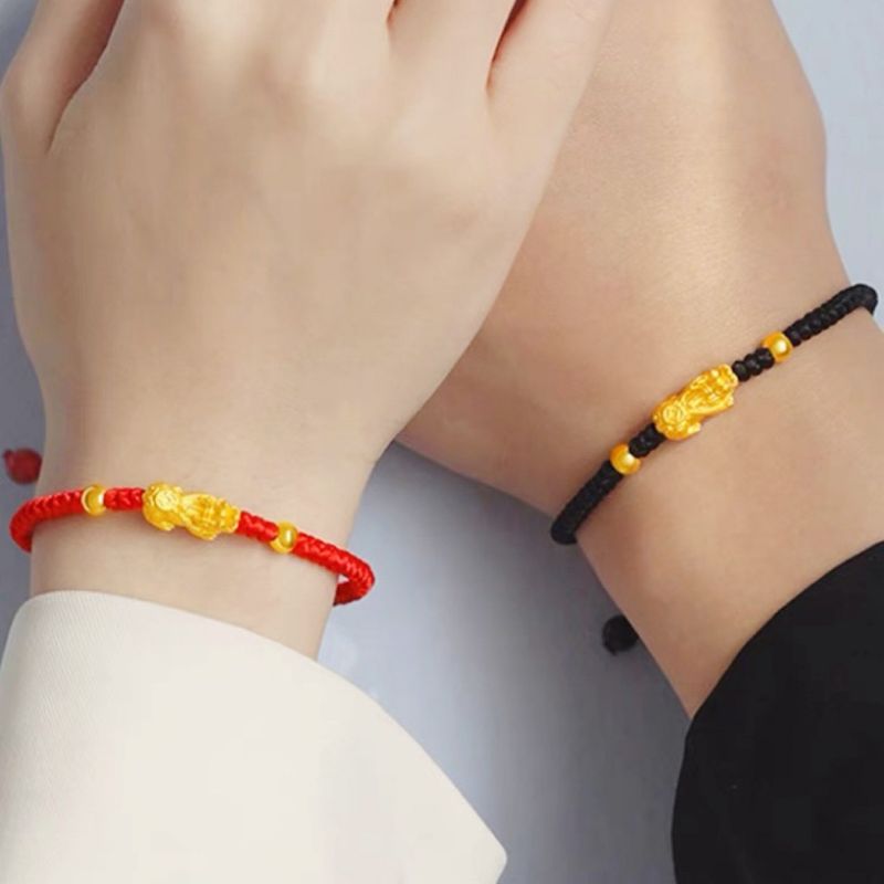 Braccialetto di coppia in corda rossa intrecciata a mano con perline portafortuna in oro sabbiato per uomini e donne_voghion.com