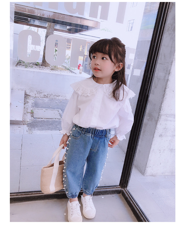 Jeans per bambine e bambini, autunno, versione coreana, per bambini, piccoli e medi, con perline, di colore chiaro, con risvolto, pantaloni casual, un pezzo, consegna_voghion.com
