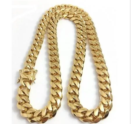 Colar de Aço Inoxidável Jóias Banhado a Ouro Alto Polimento Miami Cuban Link Homens Punk 14mm Corrente Curb Fecho Duplo de Segurança_voghion.com