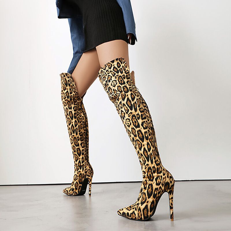 Autumn and winter high heels Pointed leopard print over knee cover legs slimming elastic boots large size 40-47 women's_voghion.com