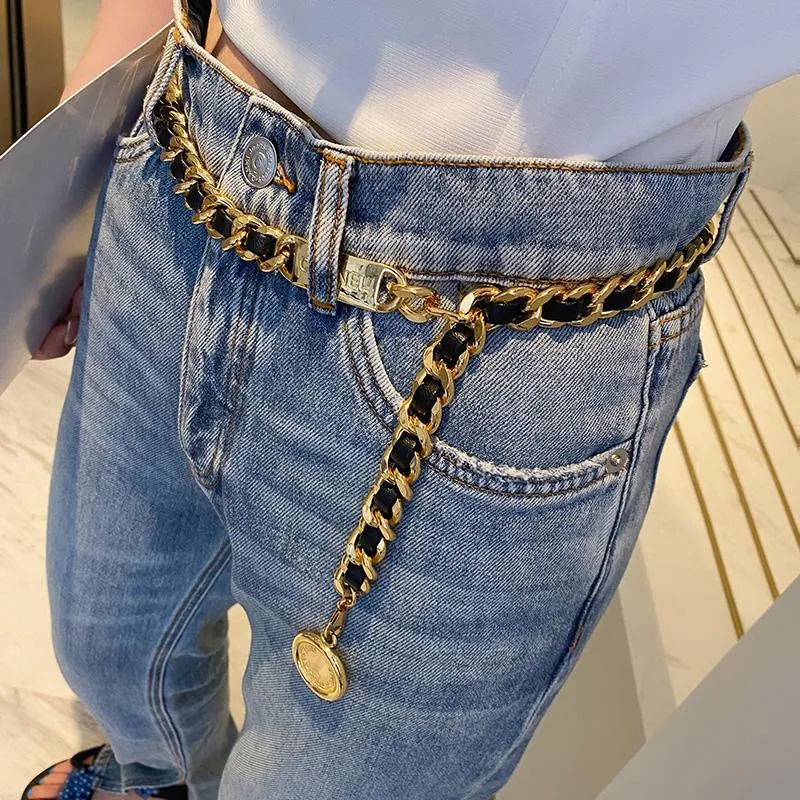 Gürtel Barock vergoldet Kupfer Schlange K Kalbsleder Taille Ketten mit Münze Anhänger Vintage schwarzes Metall echtes Leder_voghion.com