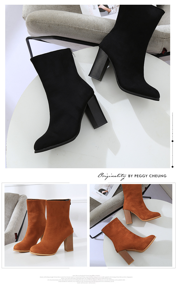 Bottes Martin à bout pointu et mi-tube pour femmes, talons hauts, à la mode, slim, fermeture éclair au dos, en daim, talon épais, nouvelle collection_voghion.com