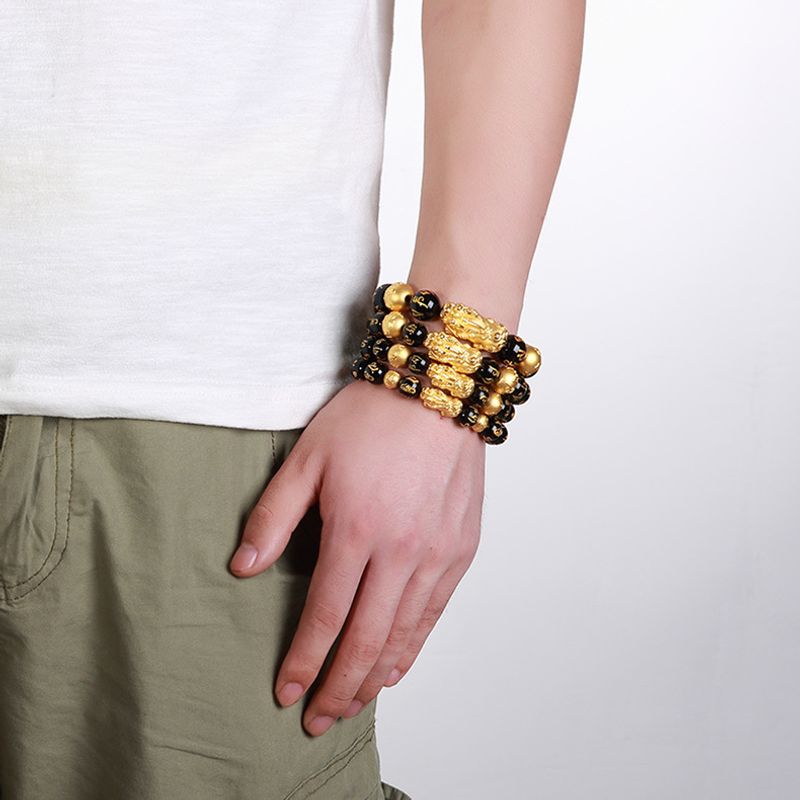 Gioielli e accessori Vieam Sand Gold U Bracciale con perline a sei caratteri con parole vere in ossidiana, regalo da uomo per dominare Piqiu_voghion.com