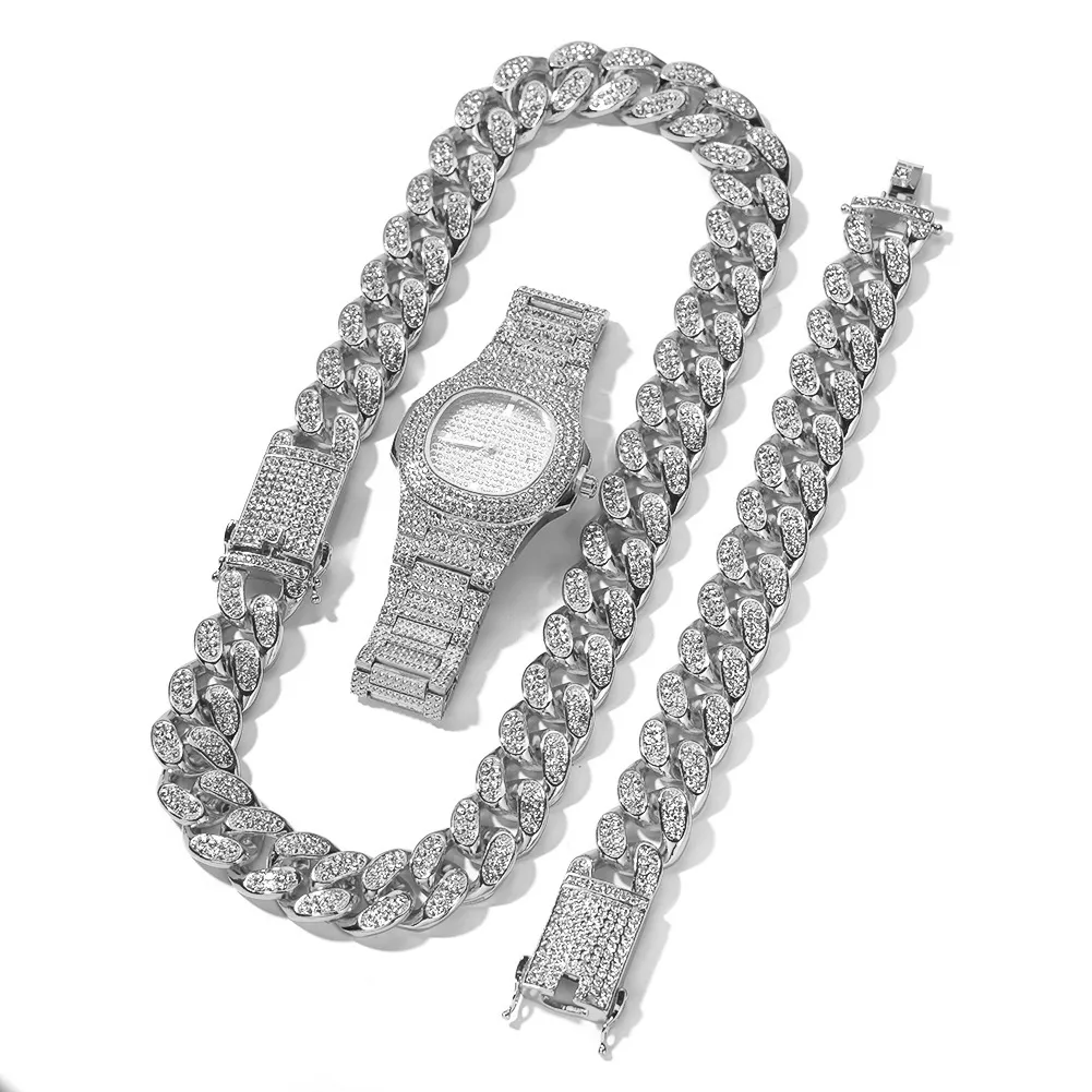 Νέα μόδα εξατομικευμένη 20 χιλιοστά χρυσό Blingbling ανδρών κουβανέζικη αλυσίδα συνδέσμων κολιέ βραχιόλι σετ ρολογιών χιπ χοπ ράπερ κοσμήματα_voghion.com