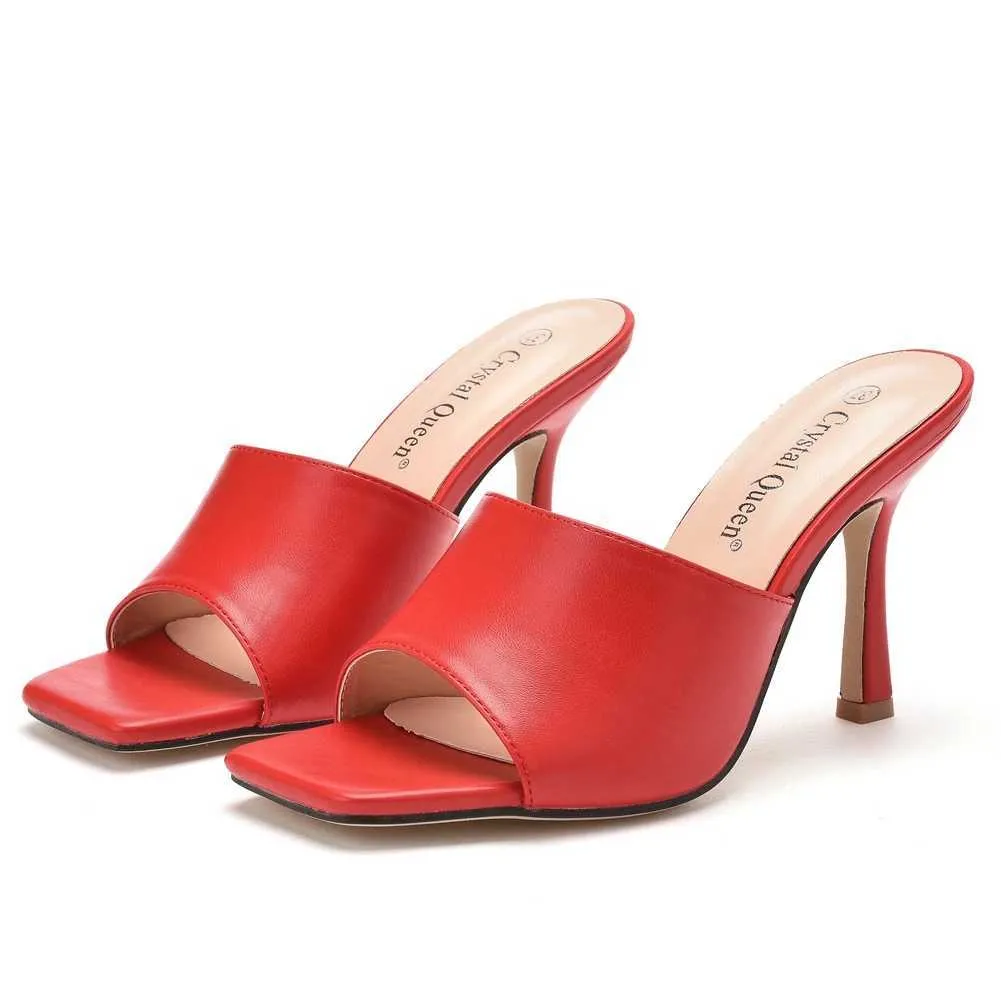 Kapcie kryształowa królowa letnie sandały damskie kwadratowe Toe damskie muły seksowne buty na cienkich wysokich obcasach kobiece modne buty H240409_voghion.com