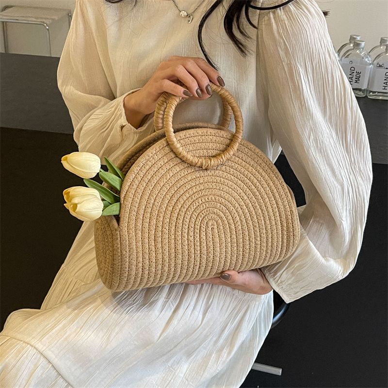 Women's Straw Solid Color Classic Style Weave Pillow Shape Open Beach Bag_voghion.com