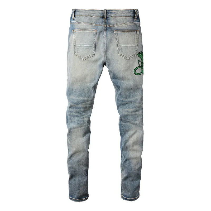 Men's Jeans Light Blue Embroidered Snake Patchwork High Street Stretch Distressed Slim Fit Ripped Men_mkmklike.com