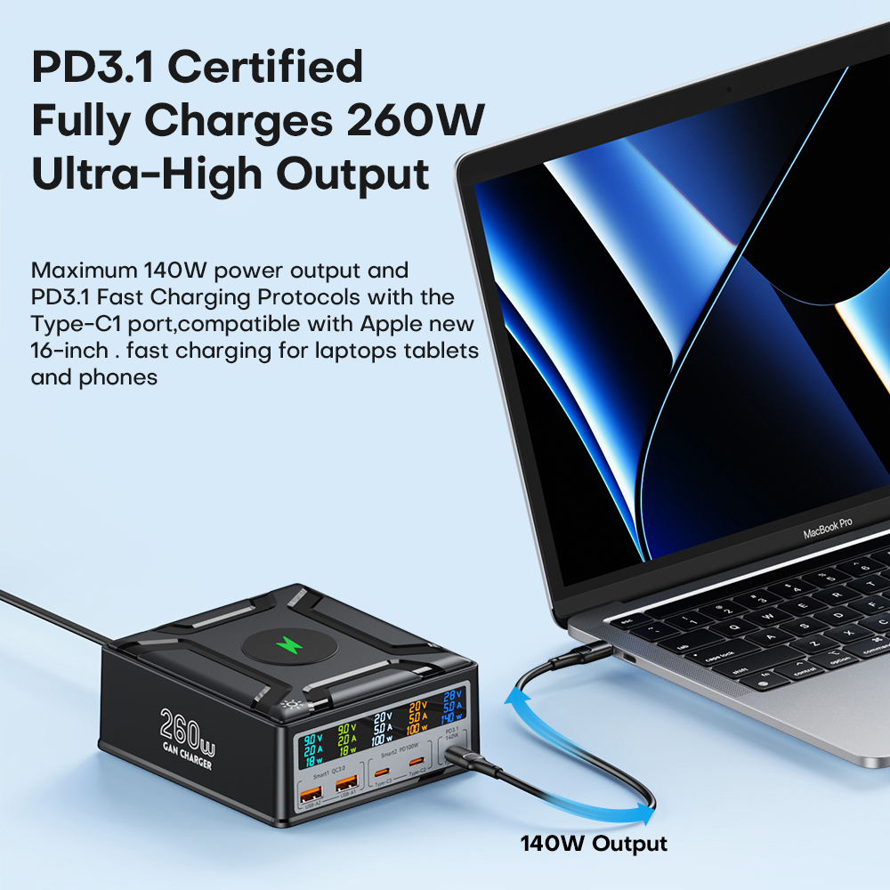 260W USB C GaN Charger QC3.0 PD3.1 140W USB Type C Fast Charger For Macbook Pro Tablet iPhone 14 Samsung Xiaomi Wireless charge_voghion.com