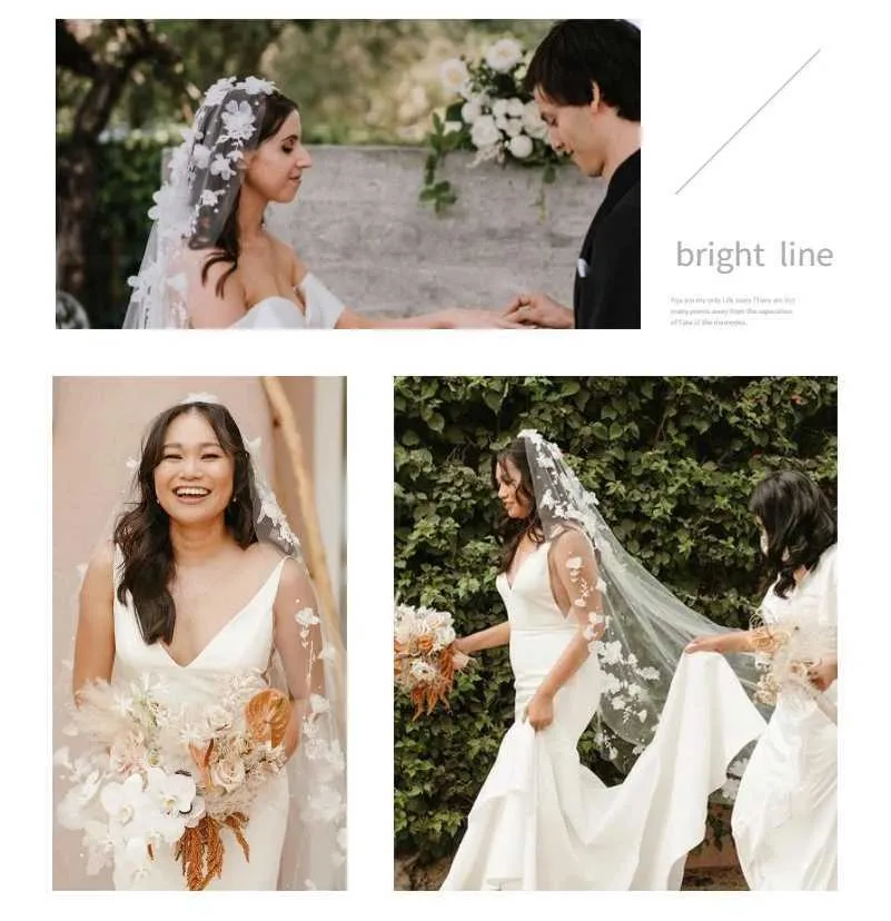 Hair Jewelry Elegance 3D Flowers Bridal Veil 1 Meters Short Veu Wedding Dresses Accessories with Organza Flower Voile_voghion.com