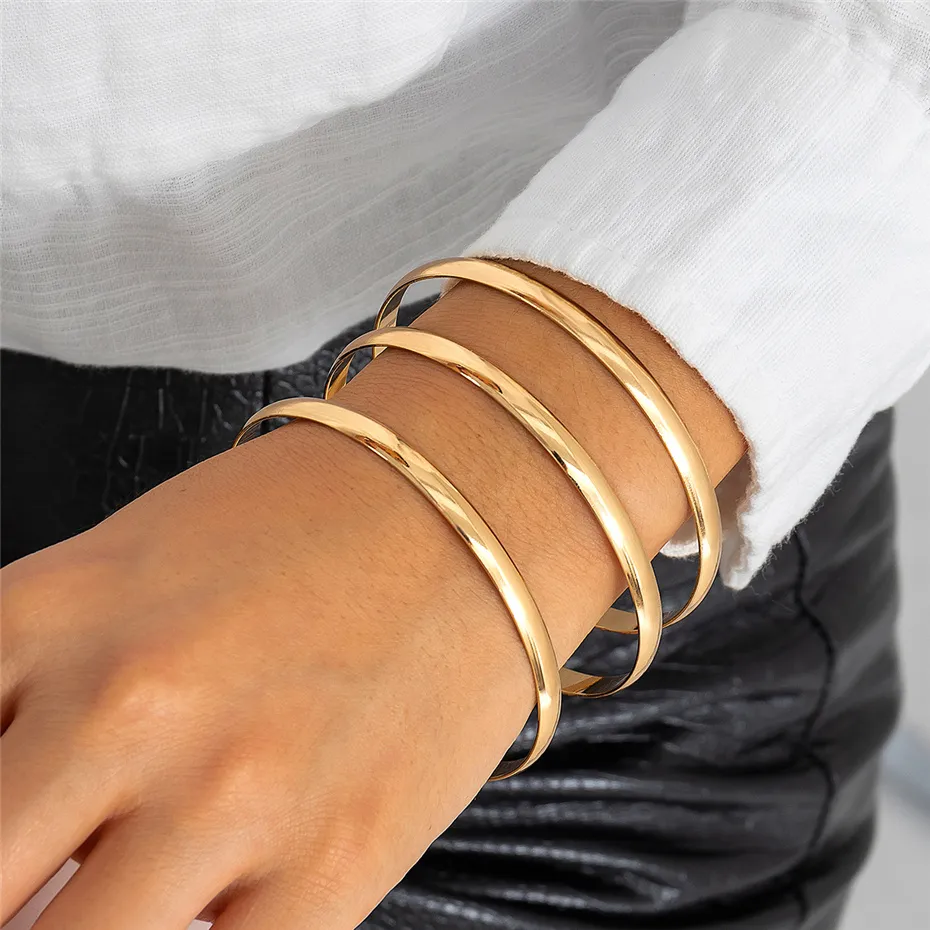 Gold Bangle Set 3 Pcs Punk Round Glossy Bracelets For Women_voghion.com