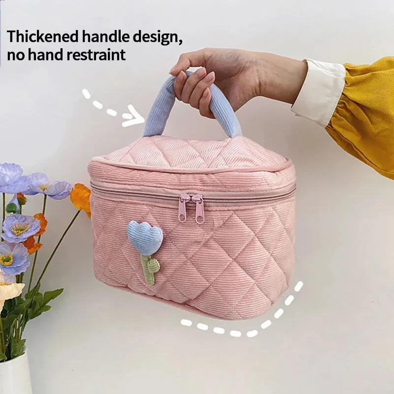 Female Quilted Cosmetic Case Womens Tulip wer Pouch Zipper Makeup Bag Travel Make Up Beauty Toiletry Handbag Tote_voghion.com