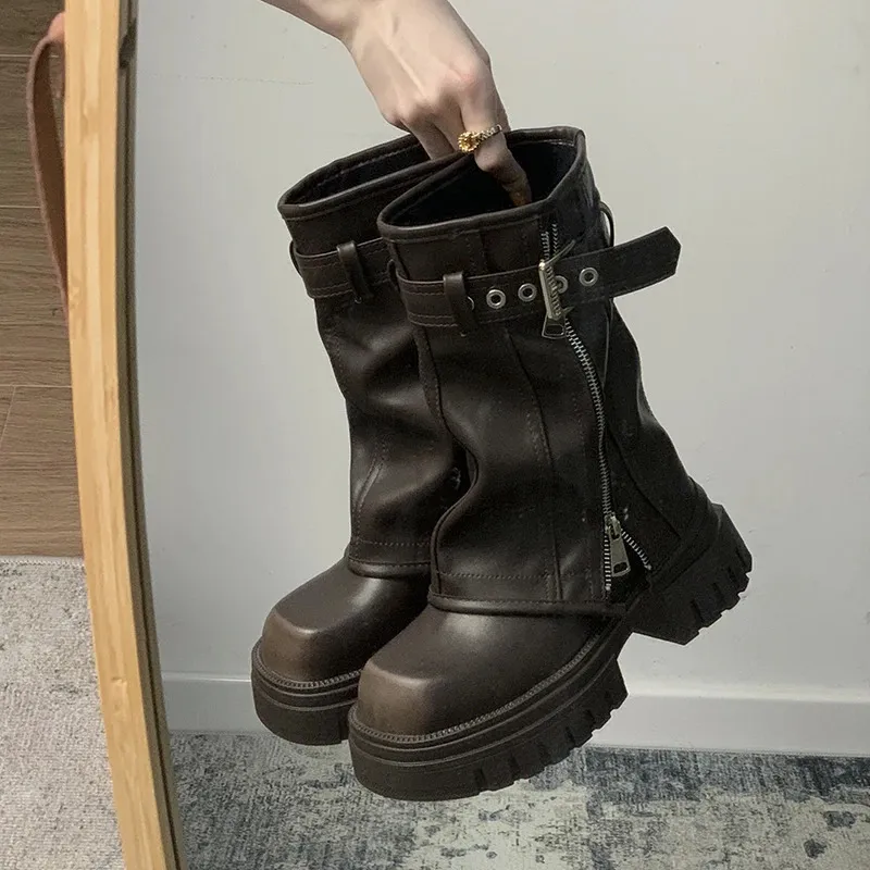 Winter Damen Bikerstiefel Mode Gürtelschnalle Damen Elegante Plateauschuhe Kurze Casual Damen Knight Booties 240629_voghion.com