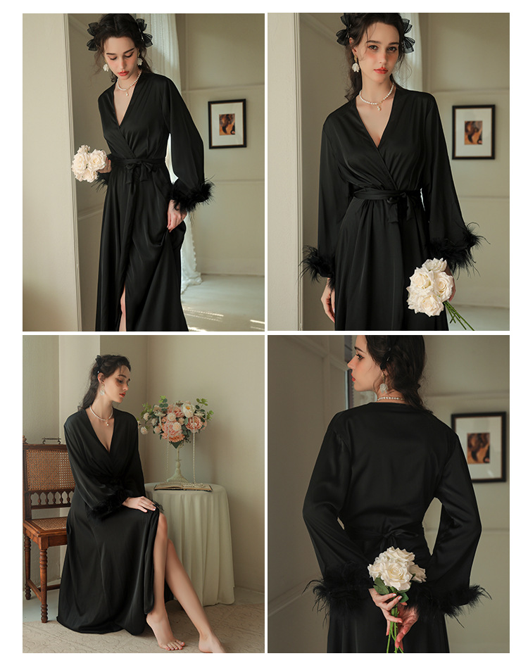 Dameskleding bruid bruid ochtendjurk dames veren nachtjapon bruiloft make-up bruidsmeisjes bruiloft kimono satijnen lange badjas_voghion.com