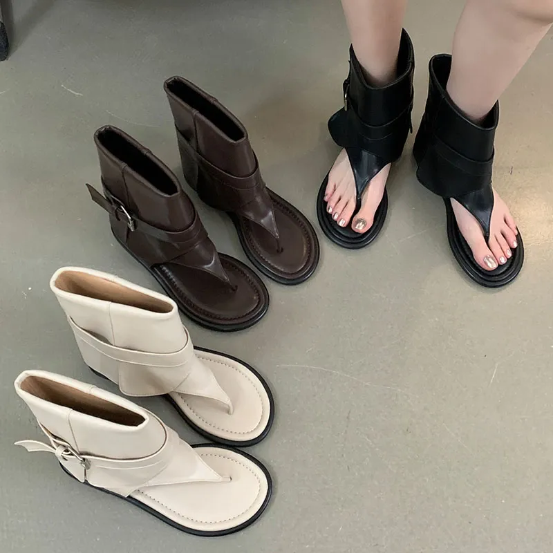 Weibliche Slip-On-Schuhe Wohnungen mit Frauen Ankle Flip Ps Mode Runde Kappe Damen Sandalen Stretch Stiefel Schuhe 2024_voghion.com