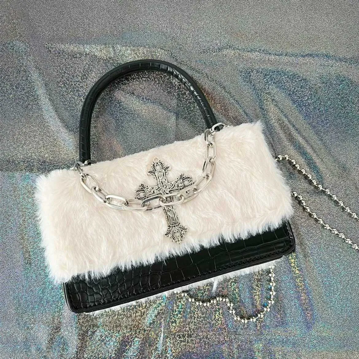 Quick view list Y2k Gothic Handbag for Women Soft Plush Cross Applique Chain Shoulder Hot Girls Hip Hop American Style_voghion.com