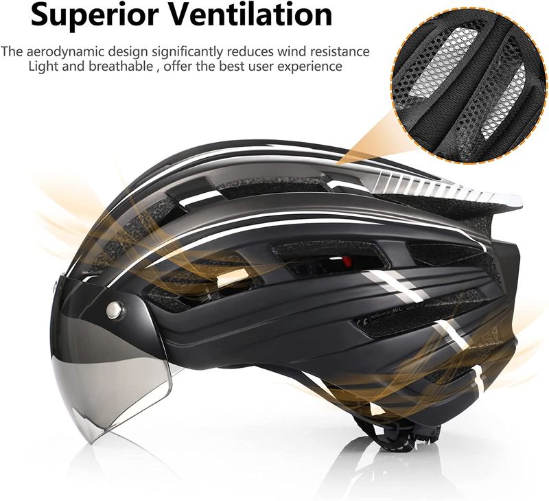 Ein tragbarer Unisex-Fahrradhelm mit abnehmbarer magnetischer Sonnenblende und LED-Rücklichtern für Erwachsene_voghion.com