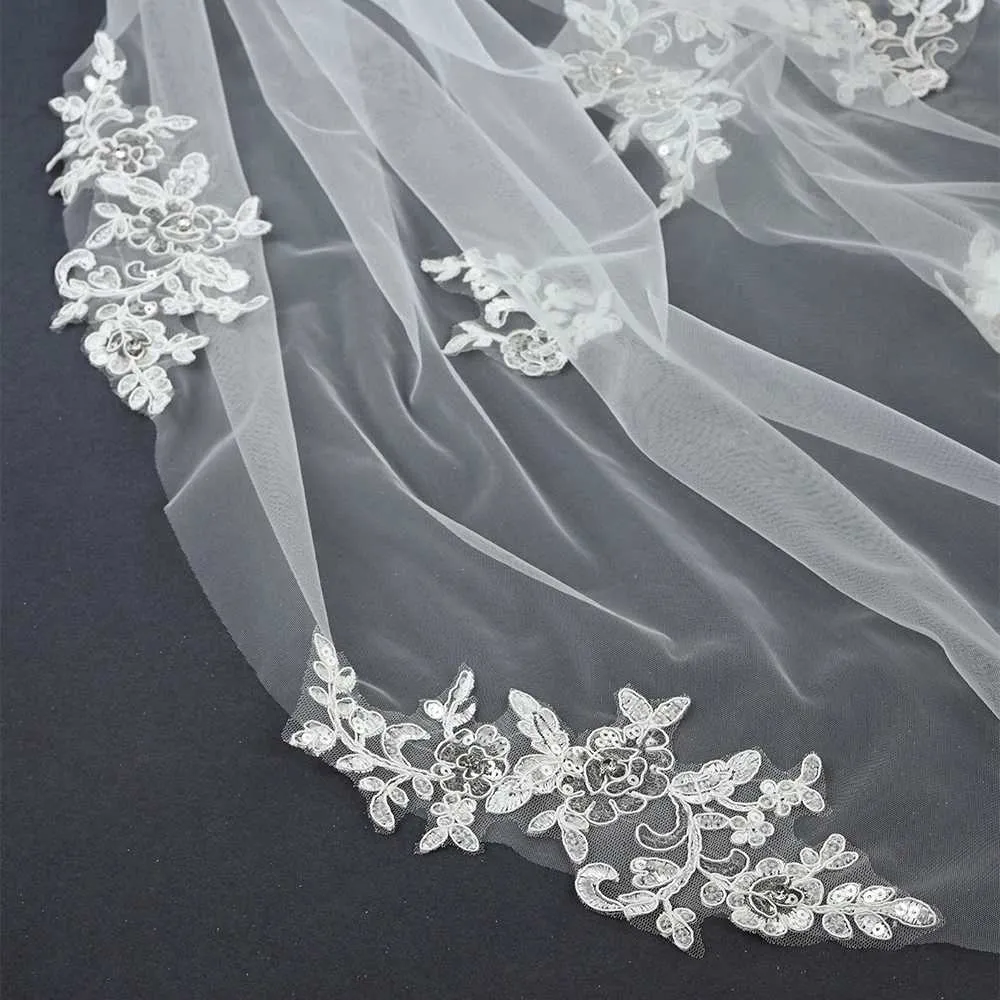 Jóias Clássico Casamento Renda Borda Véus de Noiva 1 Camada Diamante Comprimento Cotovelo Véu Noiva Acessórios Para Cabelo Despedida de Solteira_voghion.com
