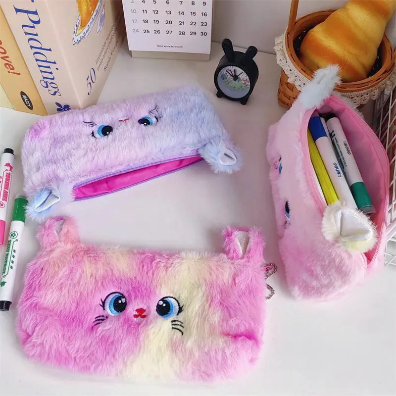 Trousse à crayons grande capacité en peluche avec motif de chat dégradé de couleurs, jolie trousse de rangement pour fournitures de papeterie et pièces de monnaie_voghion.com