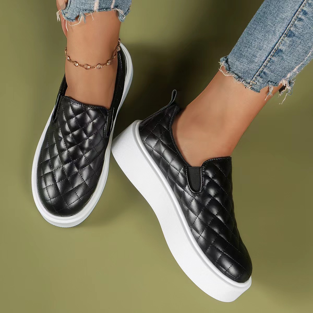 Damenmode große Größe flache flache runde Kopf niedrige karierte Einzelschuhe für Frauen einfache einfarbige Fußset faule Halbschuhe_voghion.com