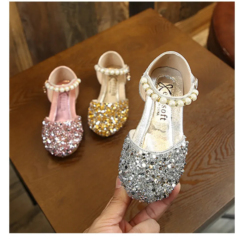 Sandali da bambina, con paillettes, perle, argento, oro, rosa, estivi e primaverili, per bambine, alla moda, per feste e balli, per bambini._voghion.com