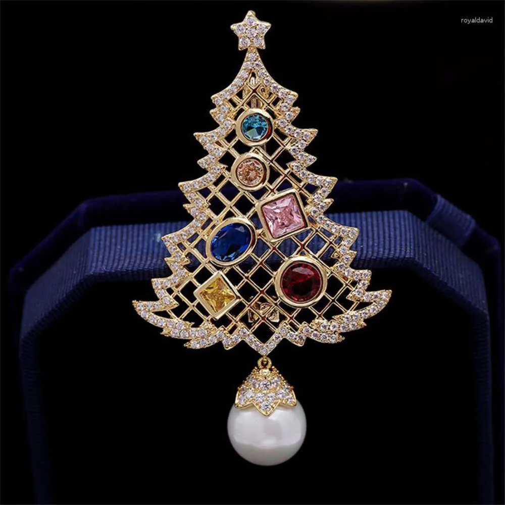 Christmas Tree Pearl Brooch Cubic Zirconias Pins Jewelry Colorful Rhinestone for Women Gift Coat Jwellery_voghion.com