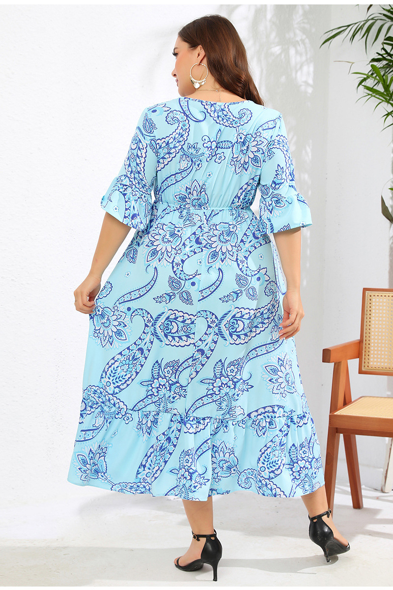 Women's leisure vacation plus size dress trumpet sleeve long skirt 200 catties can wear_voghion.com