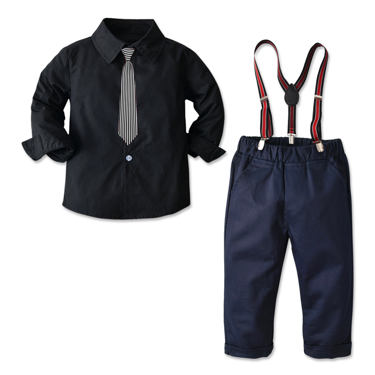 Schwarzes Hemd für Kinder, lässiger Hosenanzug, Jungen-Krawatte, formelle langärmelige Strickjacke, zweiteiliges Set_voghion.com