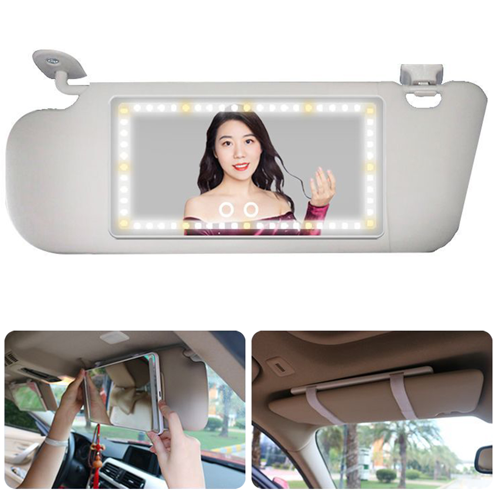 Espejo solar para coche recargable con batería incorporada, espejo de maquillaje para mujer con luces LED, 2 modos de iluminación, accesorios para el interior del coche_voghion.com