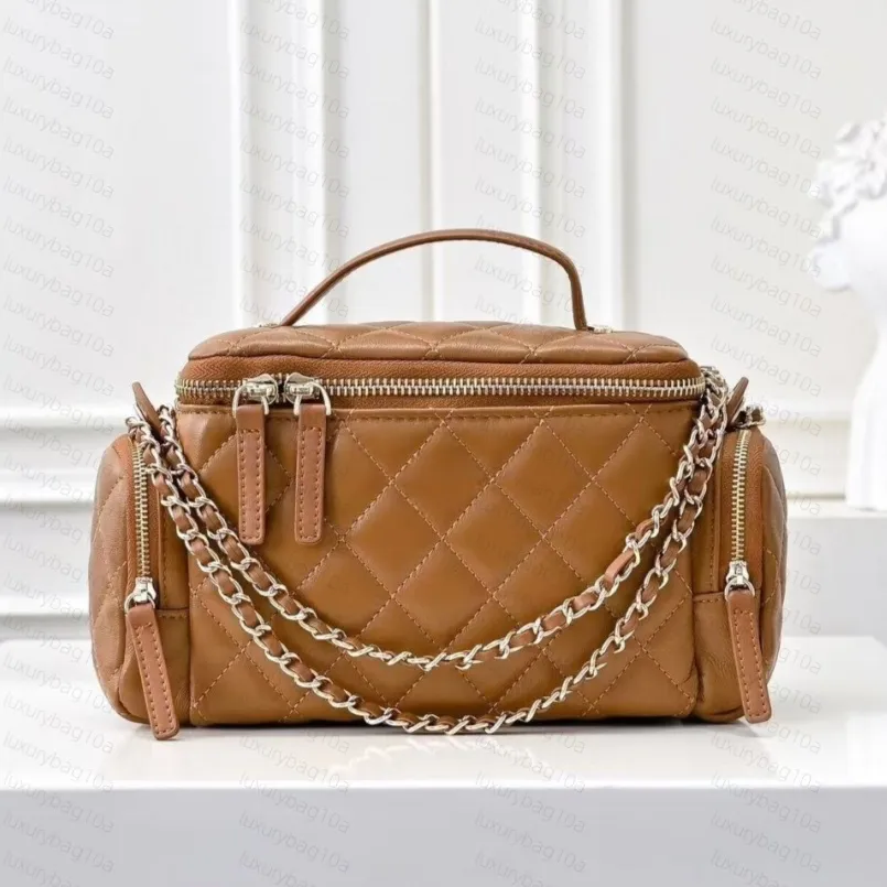 Lammfell-Kamera, gesteppt, Reißverschluss, Kosmetiktasche, tragbar, Ledergriff, Tragetasche, Make-up-Box, Gold, Matelassé_voghion.com