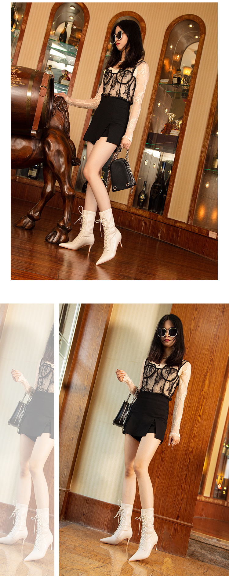 712-1 Tacchi sottili a punta con tacco alto alla moda Stivali corti sottili da donna nudi ed elastici_voghion.com