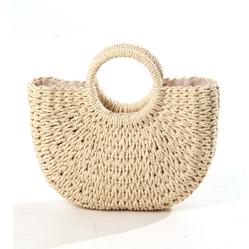 Einfache und vielseitige handgehaltene halbrunde Strohtasche, neue gewebte Tasche mit großem Fassungsvermögen, Strandtasche im Urlaubsstil, handgehaltener Gemüsekorb_voghion.com