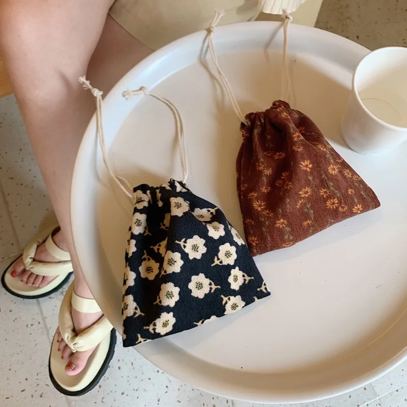 Floral Plaid Canvas Drawstring Cristmas Gift Candy Jewelry Cosmetics Coins Keys Organizer Packing Bags Storage Bag_voghion.com