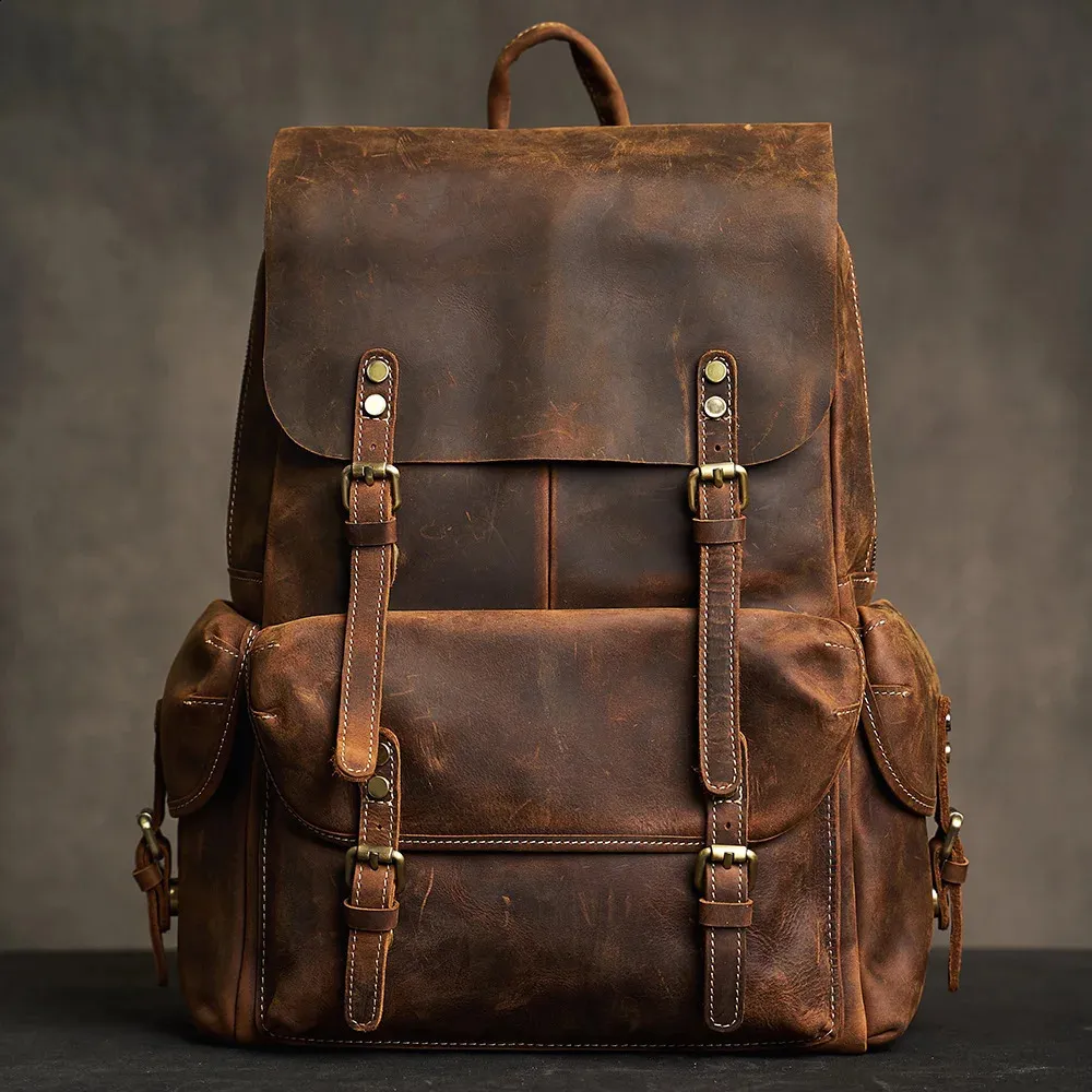 Genuine Leather Mens Vintage Bag Outdoor Travel Fiess bag Backpack Schoolbag For Laptop 15.6 Inch 240902_voghion.com